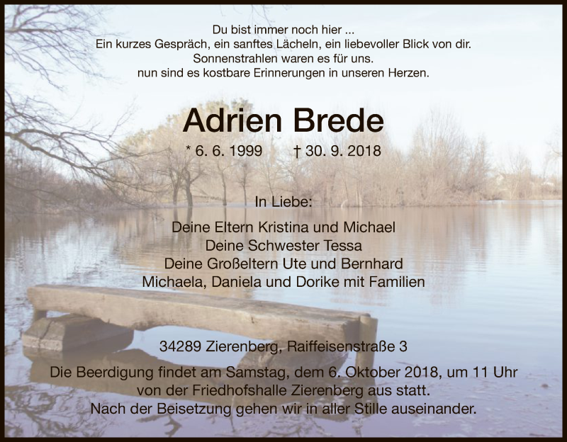  Traueranzeige für Adrien Brede vom 03.10.2018 aus HNA