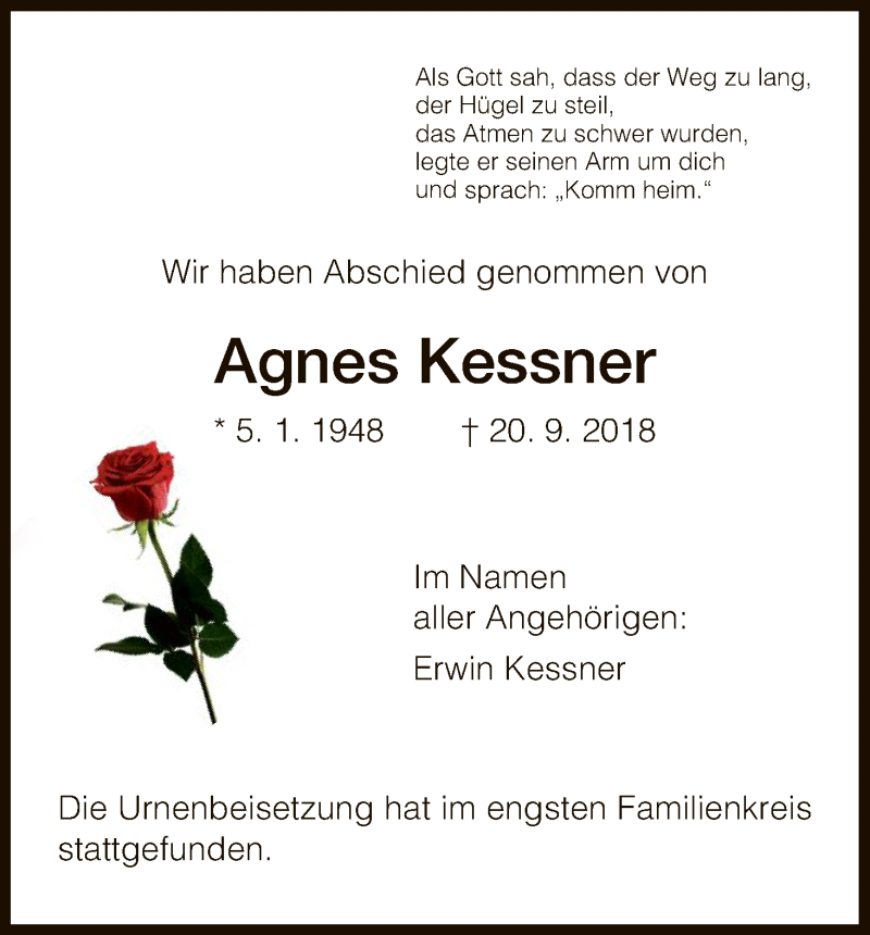  Traueranzeige für Agnes Kessner vom 06.10.2018 aus HNA