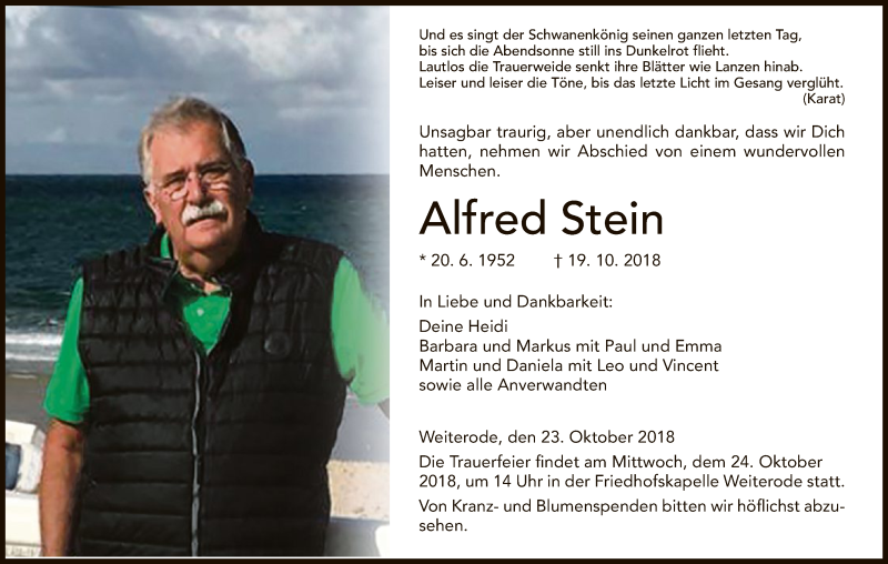  Traueranzeige für Alfred Stein vom 23.10.2018 aus HNA