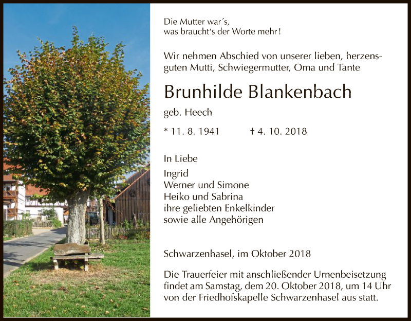  Traueranzeige für Brunhilde Blankenbach vom 13.10.2018 aus HNA