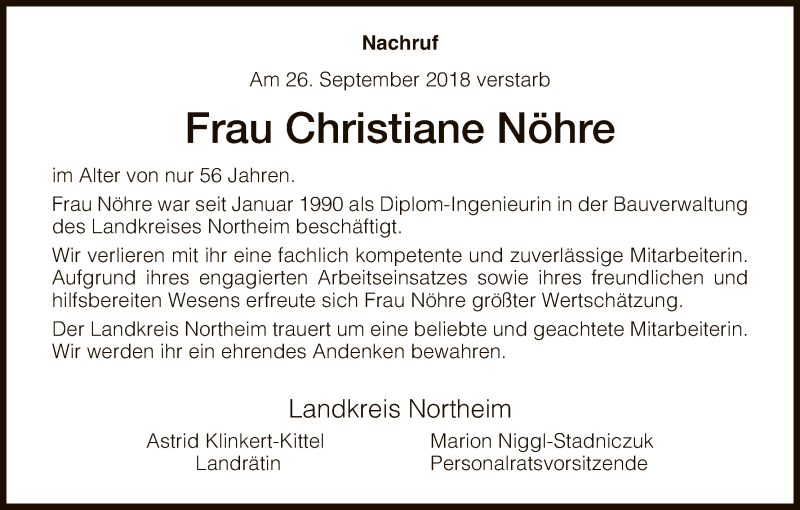  Traueranzeige für Christiane Nöhre vom 11.10.2018 aus HNA
