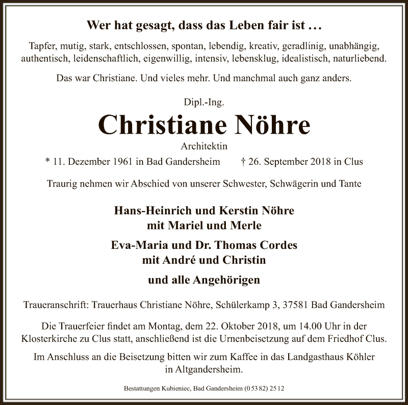  Traueranzeige für Christiane Nöhre vom 06.10.2018 aus HNA