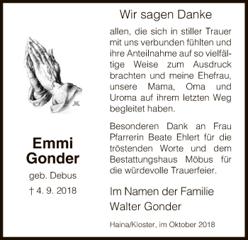 Traueranzeige von Emmi Gonder von HNA