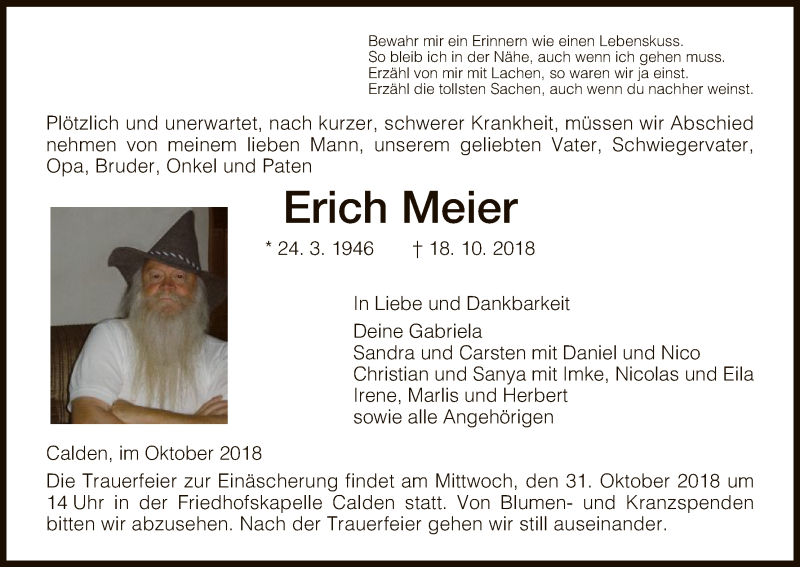  Traueranzeige für Erich Meier vom 27.10.2018 aus HNA
