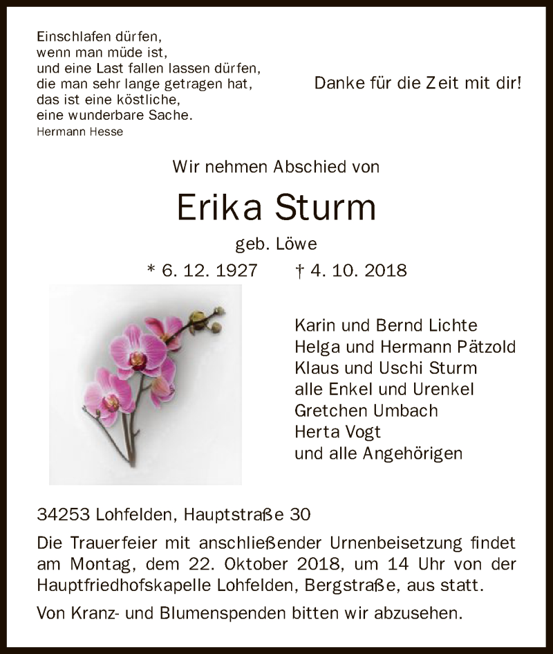 Traueranzeigen Von Erika Sturm Trauer Hna De