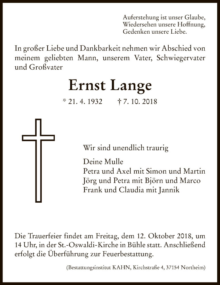  Traueranzeige für Ernst Lange vom 10.10.2018 aus HNA