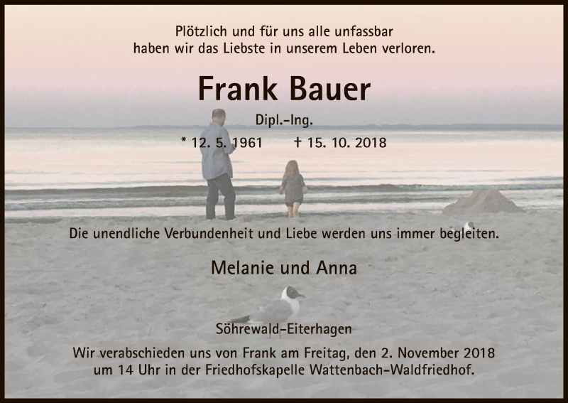  Traueranzeige für Frank Bauer vom 30.10.2018 aus HNA