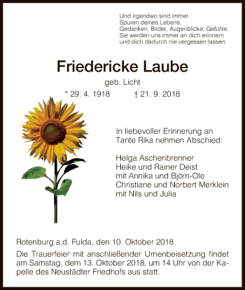 Traueranzeige von Friedericke Laube von HNA