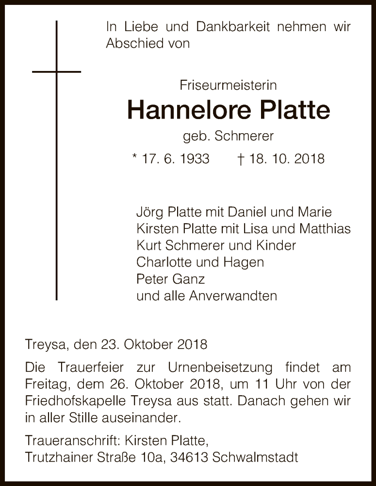  Traueranzeige für Hannelore Platte vom 23.10.2018 aus HNA