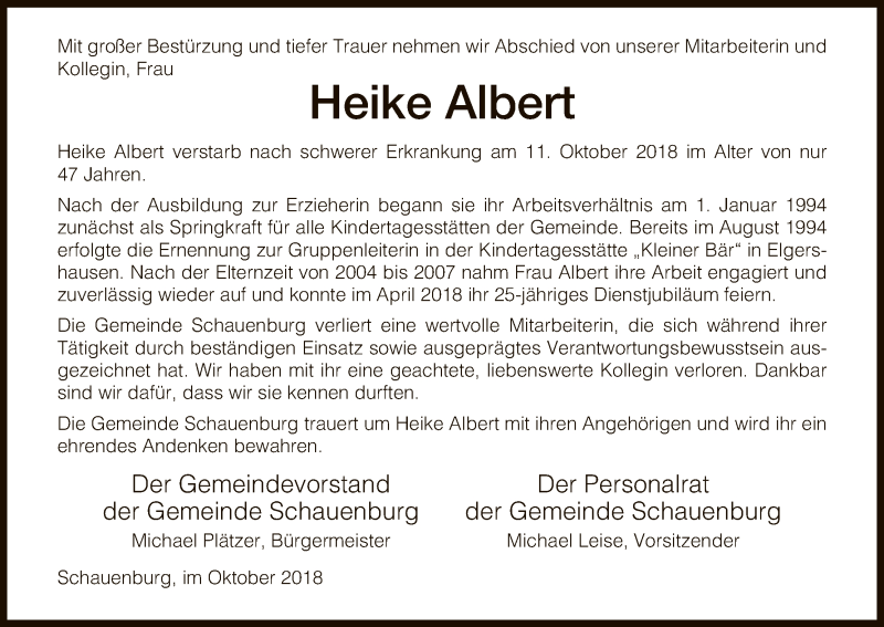  Traueranzeige für Heike Albert vom 18.10.2018 aus HNA