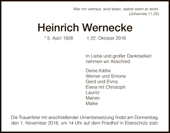 Traueranzeige von Heinrich Wernecke von HNA