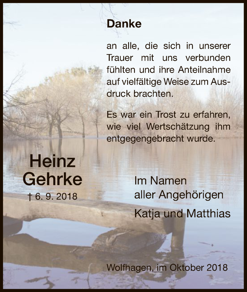  Traueranzeige für Heinz Gehrke vom 20.10.2018 aus HNA