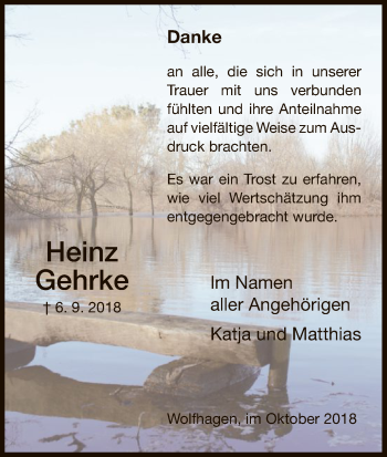 Traueranzeige von Heinz Gehrke von HNA