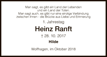 Traueranzeige von Heinz Ranft von HNA