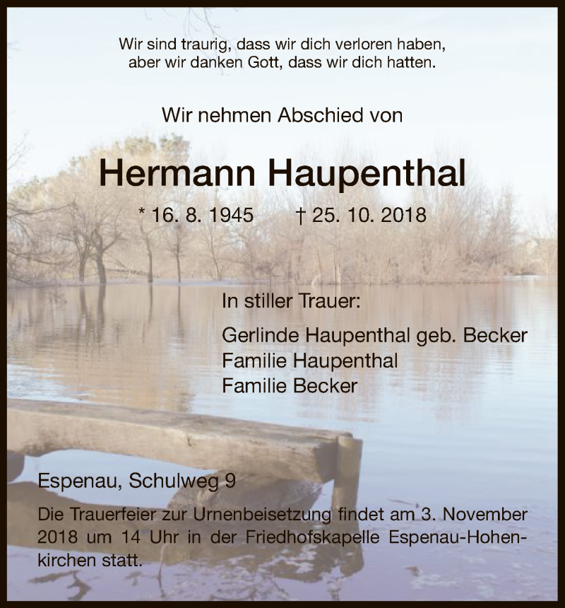  Traueranzeige für Hermann Haupenthal vom 30.10.2018 aus HNA