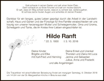 Traueranzeige von Hilde Ranft von HNA