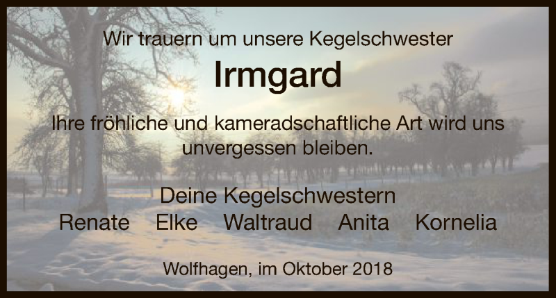  Traueranzeige für Irmgard  vom 03.10.2018 aus HNA