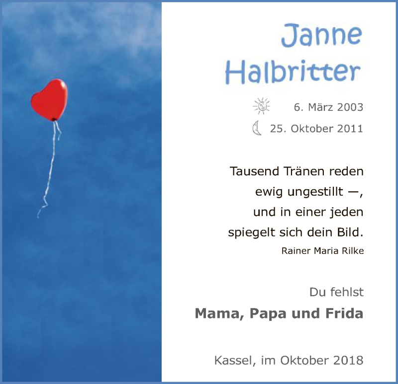  Traueranzeige für Janne Halbritter vom 25.10.2018 aus HNA