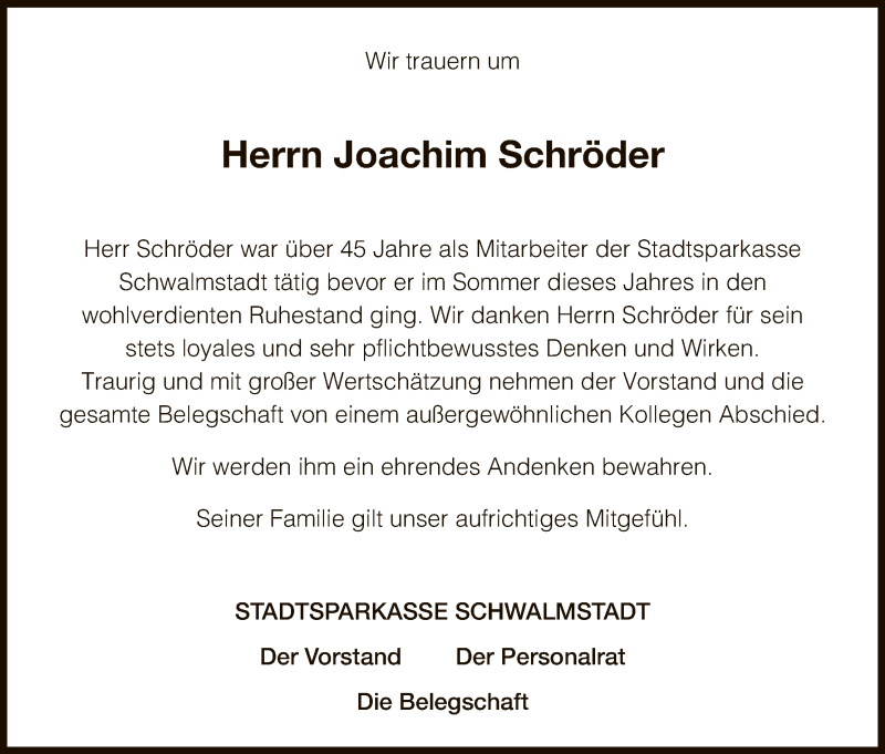  Traueranzeige für Joachim Schröder vom 12.10.2018 aus HNA