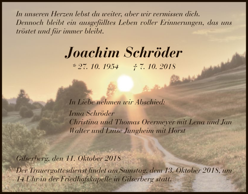  Traueranzeige für Joachim Schröder vom 11.10.2018 aus HNA