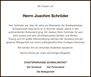 Traueranzeige von Joachim Schröder von HNA