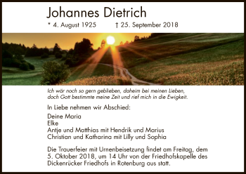 Traueranzeige von Johannes Dietrich von HNA