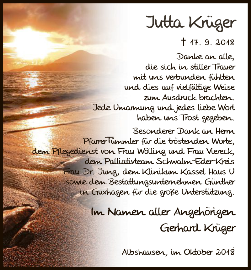  Traueranzeige für Jutta Krüger vom 20.10.2018 aus HNA