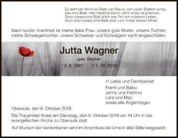 Traueranzeige von Jutta Wagner von HNA