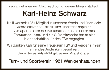 Traueranzeige von Karl-Heinz Schwarz von HNA