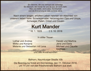 Traueranzeige von Kurt Mander von HNA