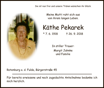 Traueranzeige von Käthe Pekarek von HNA