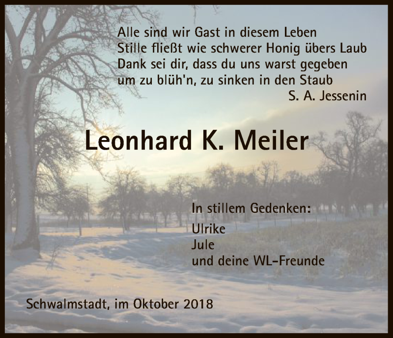  Traueranzeige für Leonhard K. Meiler vom 20.10.2018 aus HNA
