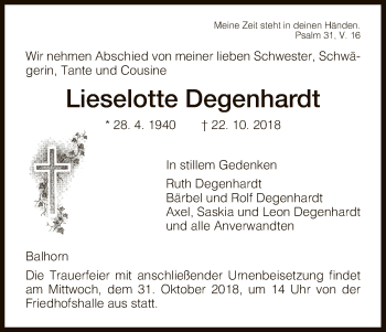 Traueranzeige von Lieselotte Degenhardt von HNA