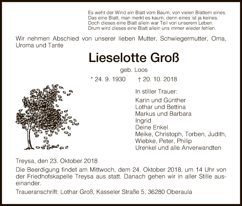  Traueranzeige für Lieselotte Groß vom 23.10.2018 aus HNA