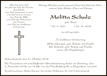 Traueranzeige von Melitta Schulz von HNA