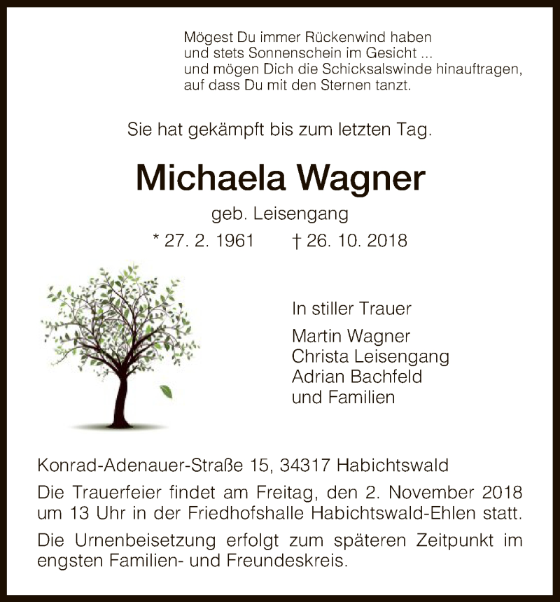  Traueranzeige für Michaela Wagner vom 30.10.2018 aus HNA