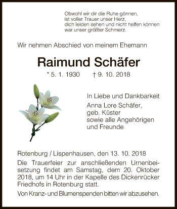 Traueranzeige von Raimund Schäfer von HNA