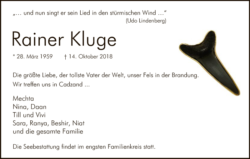  Traueranzeige für Rainer Kluge vom 20.10.2018 aus HNA