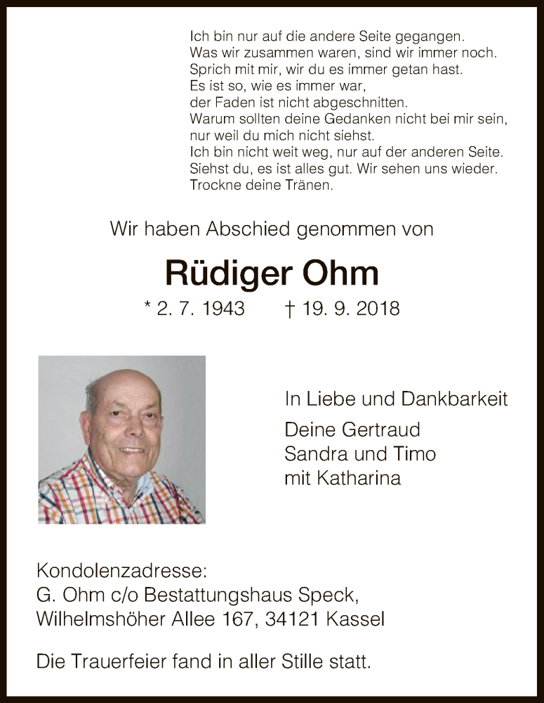  Traueranzeige für Rüdiger Ohm vom 06.10.2018 aus HNA