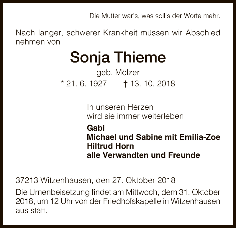 Traueranzeigen von Sonja Thieme | Trauer.HNA.de