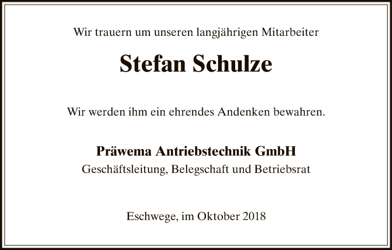  Traueranzeige für Stefan Schulze vom 30.10.2018 aus HNA