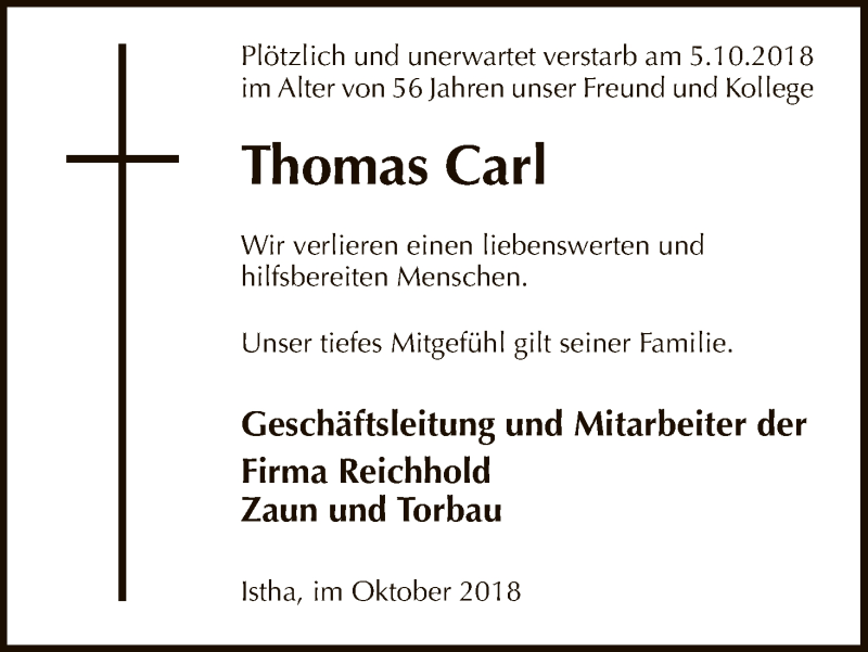  Traueranzeige für Thomas Carl vom 13.10.2018 aus HNA