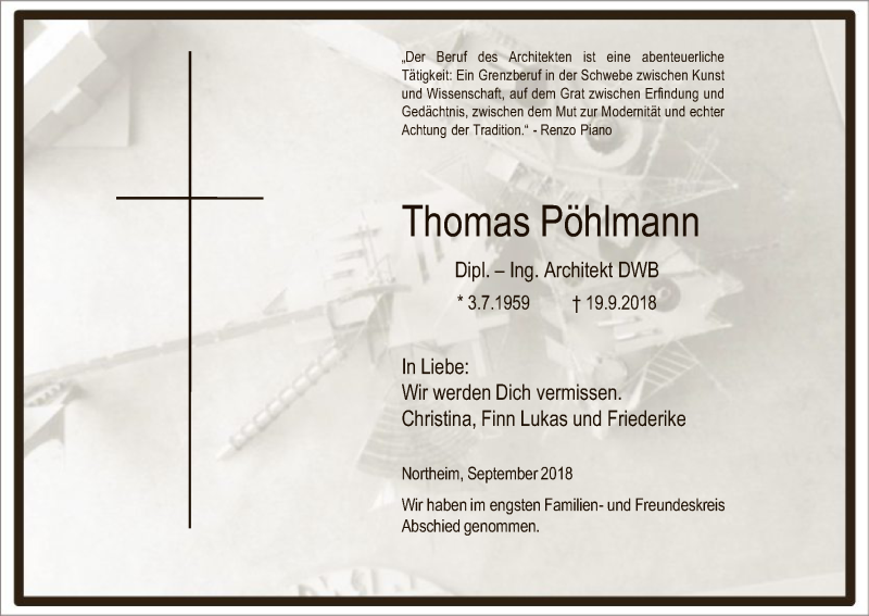 Traueranzeige für Thomas Pöhlmann vom 01.10.2018 aus HNA