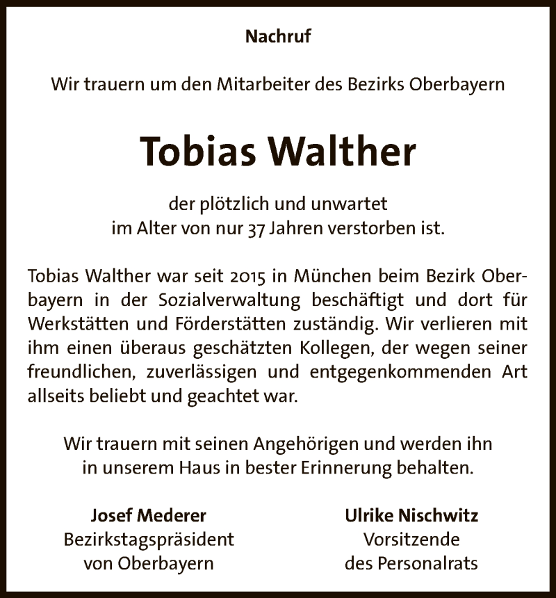  Traueranzeige für Tobias Walther vom 23.10.2018 aus HNA