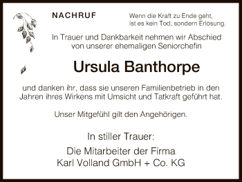Traueranzeige von Ursula Banthorpe von HNA