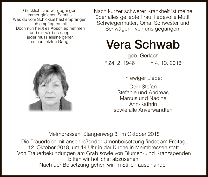  Traueranzeige für Vera Schwab vom 10.10.2018 aus HNA