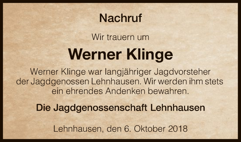  Traueranzeige für Werner Klinge vom 06.10.2018 aus HNA