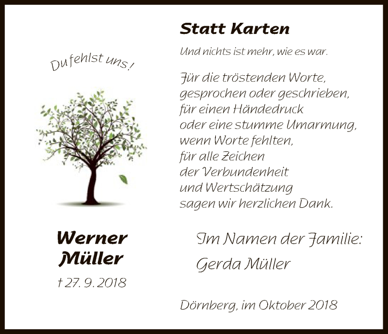  Traueranzeige für Werner Müller vom 20.10.2018 aus HNA