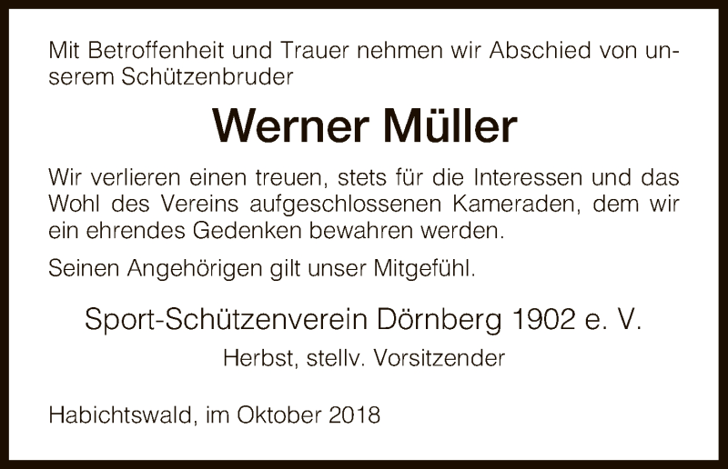  Traueranzeige für Werner Müller vom 03.10.2018 aus HNA