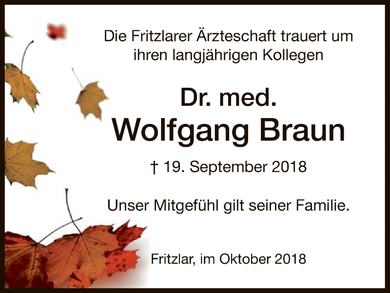  Traueranzeige für Wolfgang Braun vom 06.10.2018 aus HNA